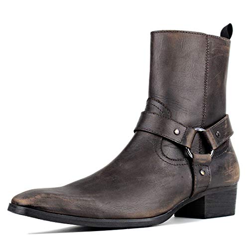 Generisch Herren Echtleder Chelsea Stiefel Schnalle und Reißverschluss Handgemachte Stiefel Blockabsatz Kleid Schuhe,Braun,42.5 von Generisch