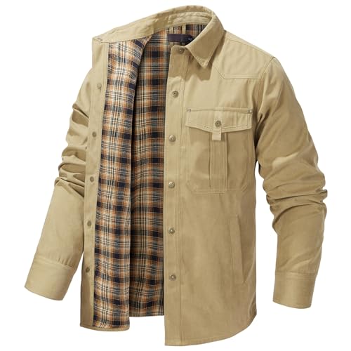 Generisch Herren Flanell Jacke Karierte Futter Hemdjacke Druckknopf Mantel Leicht Herbstjacke mit Brusttasche und Umlegekragen Western Cowboy Style von Generisch