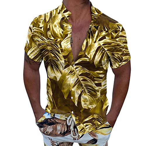 Generisch Herren Front Pocket Hawaiihemden Kurzarm Floral Gedruckt Freizeit Hemd Hawaii Aloha Urlaubs-Hemd Kurzarm Lässig Button Down Baumwolle Hawaii Hemd (Gold， XL) von Generisch