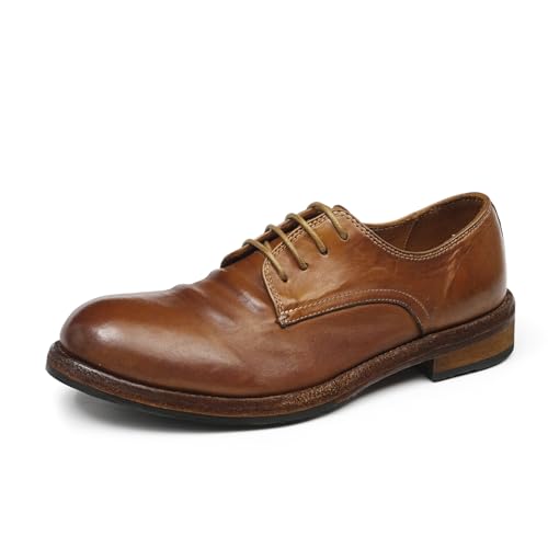 Generisch Herren Handgefertigte Runde Zehe Business Formale Derbys Vintage Echtes Leder Schnürschuhe Kleid Schuhe,Braun,42 von Generisch