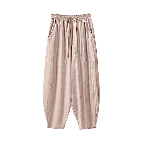 Generisch Herren Haremshose Leinen Baggy Einfarbige Freizeithose Urlaub Casual Leichte Sommerhose Atmungsaktiv Übergroße Verstellbar Drawstring Pluderhose (Khaki, 6XL) von Generisch