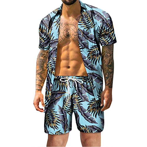 Generisch Herren Hawaii 2 Teiliges Sets Kurzarm Freizeithemden Strand Outfits Gym Klamotten Herren Jogginganzug Herren Set Blau von Generisch