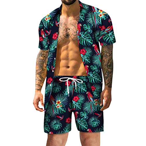 Generisch Herren Hawaii Hemd Blumen Sommer Outfit Männer Freizeit Kurzarm Strandhemd und Kurze Hosen 2 Teiler Set Freizeitanzug Herren Sommer Hawaii Outfit Herren TüRkis von Generisch