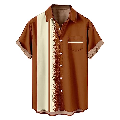 Generisch Herren Hemd Freizeithemden mit Tasche Casual Hawaiihemd Vintage Bowling Shirt 1950er Retro Rockabilly Stil Kurzarm Button Down Musik Hawaiihemden Sale Herren Orange XXL von Generisch