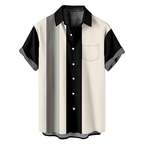 Generisch Herren Hemd Freizeithemden mit Tasche Casual Hawaiihemd Vintage Bowling Shirt 1950er Retro Rockabilly Stil Kurzarm Button Down Musik Hawaiihemden Warehouse Deal Weiß 3XL von Generisch