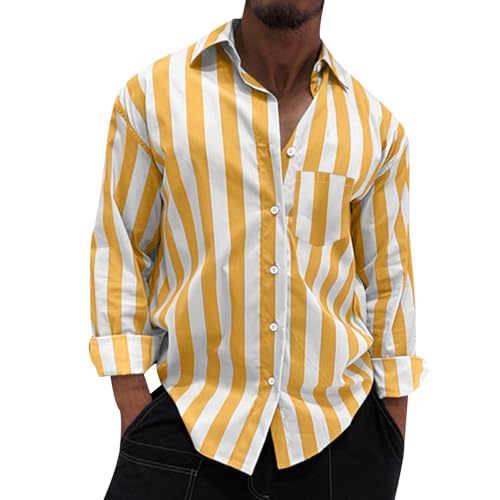 Generisch Herren Hemden, Langarm Freizeithemd Regular Fit Gestreifte Business Oberhemd Button Down Schwarz Baumwollhemd (XXL, Gelb) von Generisch