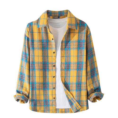 Generisch Herren Hemden Langarm, Kariert Kurzarm Freizeithemd Button Down Shirts Casual Regular Fit Trachtenhemd (L, Yellow) von Generisch