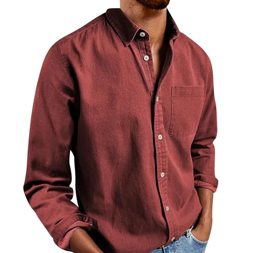 Generisch Herren Hemden Langarm, Regular Fit Herrenhemden Button Down Shirts Unifarben Freizeithemd Businesshemd (5XL, Rot) von Generisch