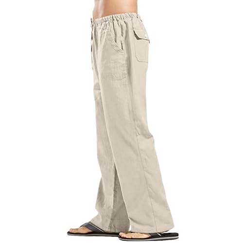 Generisch Herren Hose Sommer Leicht, Einfarbiges Lang Sommerhose Loose Fit Freizeithose Mit Taschen Kordelzug Für Urlaub Strand Alltag Open Leg Jogger Stoffhose Leinen Trousers (4XL, Khaki) von Generisch