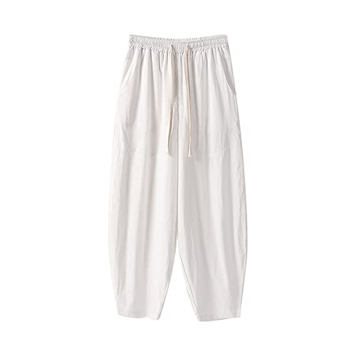 Generisch Herren-Hosen Leinenhose Herren Lang Leicht Sommerhose Einfarbig Kordelzug Hose Lang Haremshose Für Männer Strandhose Urlaub Alltag (Weiß, 6XL) von Generisch