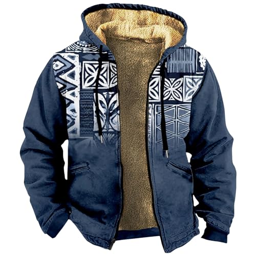 Generisch Herren Jacke, Retro Print Jacke Und Winter Casual Trendy Zipper Hooded Jacket Warm Outdoor Jacket Motorradjacke Jacket-Jacken Übergangsjacke Kapuze Funktionsjacke (5XL, Blau) von Generisch