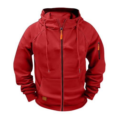 Generisch Herren Jacke Hoodie Herren Reißverschluss Kapuzenjacke Sweatjacke Zip Sweater Casual Arbeitspullover Mit Taschen Und Reißverschluss-Armablage Rot XL von Generisch
