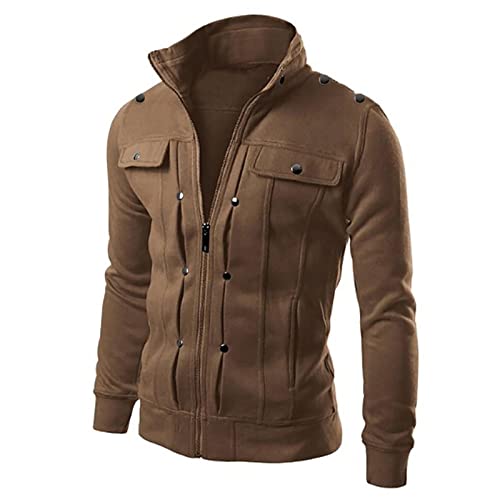 Generisch Herren Jacket Langarm Übergangsjacke Cargo Jacke Männer Bomberjacke Leichte Sportjacke mit Reiwßverschluss Outdoorjacke Klassischem Winterjacke mit Stehkragen mit Taschen (01 Coffee, L) von Generisch