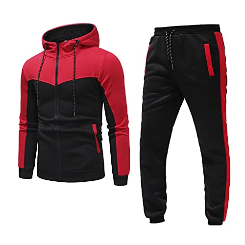 Generisch Herren Jogginganzug, 2 Teilig Herbst Leichte Trainingsanzug Sportanzug Tracksuit Jogging Set Mit Hoodie Und Hose Hausanzug Fleece Jogginganzüge Retro Set (3XL, Rot) von Generisch