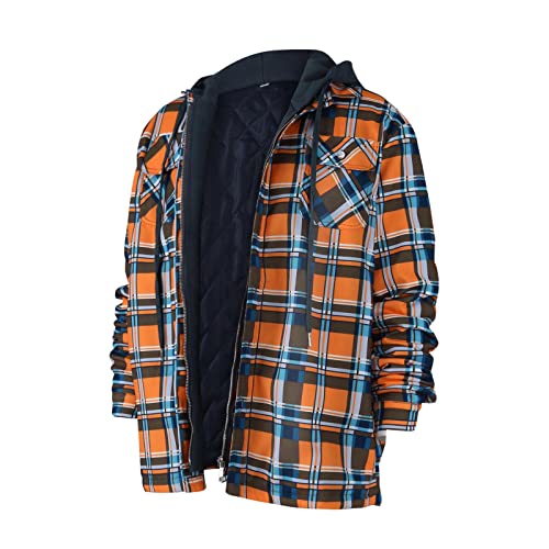 Generisch Herren Karierte Jacke, Übergangsjacke Freizeithemden Mit Kapuze Baumfäller Jacke Gefüttert Flanell Hemdjacke Männer Rot Schwarz Kariertes Hemd Kaputze Fleece (4XL, Orange) von Generisch