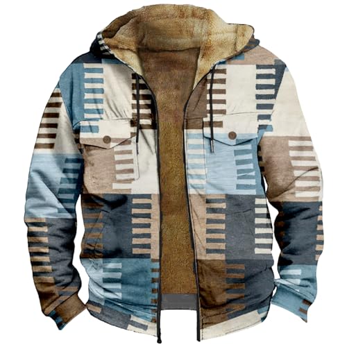 Generisch Herren Karierte Jacke, Warm Wattiert Holzfällerhemd Atmungsaktiv Dicke Vintage Plaid Freizeitjacke Winter Herbst Mit Kapuze Baumfäller Jacke Gefüttert Kariert Workwear (4XL, Hellblau) von Generisch