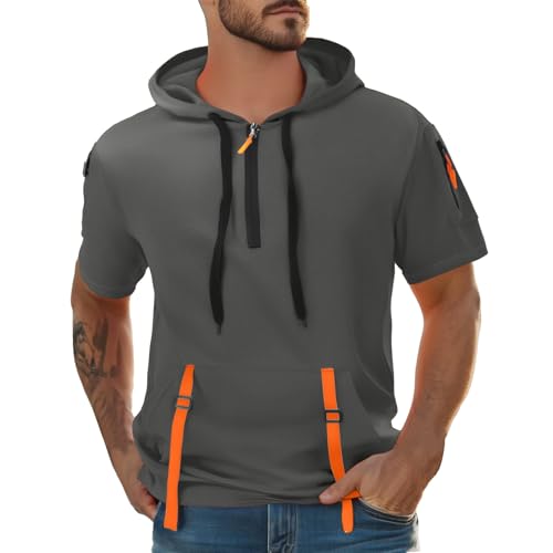 Generisch Herren Kurzarm Kapuzenpulli Freizeit Sweatshirt Einfarbig Kapuzenpullover mit Kordelzug Lässige T Shirts mits Taschen Hoodie Slim Fit Kordelzug Sweatshirt T Shirt mit Kapuze Basic Top von Generisch