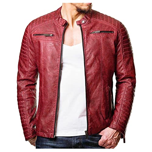 Generisch Herren Lederjacke Übergangsjacke Bikerjacke Freizeitjacke Gesteppt Casual Klassisch Mit Reißverschluss Rockabilly Lederblouson Vintage Jacke Isolid Echtes Lederrinds (5XL, Rot) von Generisch