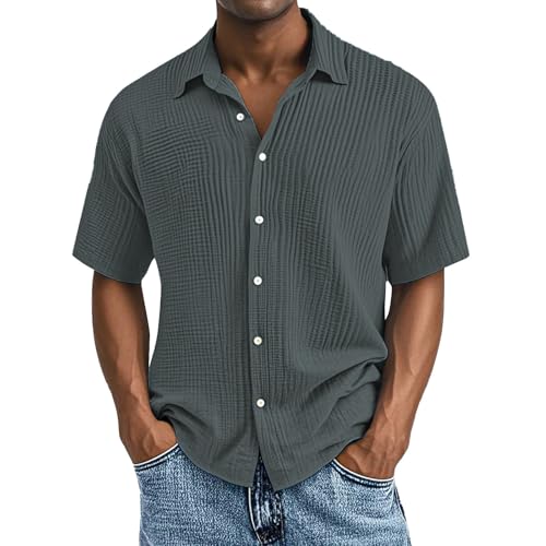 Generisch Herren Leinenhemd 2025 Kurzarm Button Down Sommerhemd Baumwolle Musselin Leicht Atmungsaktiv Strandhemd Freizeithemd Bequem Urlaub Casual von Generisch