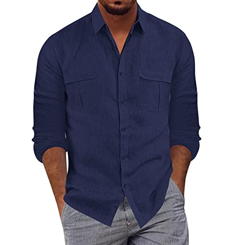 Generisch Herren Leinenhemd Langarm Sommer Slim Fit Freizeithemd Leinen Baumwolle Hemden Schlichter Sommerhemd mit Knopfleiste Outdoor Casual Strandhemd Leicht Luftig Langarmhemd Bowling Hemd von Generisch
