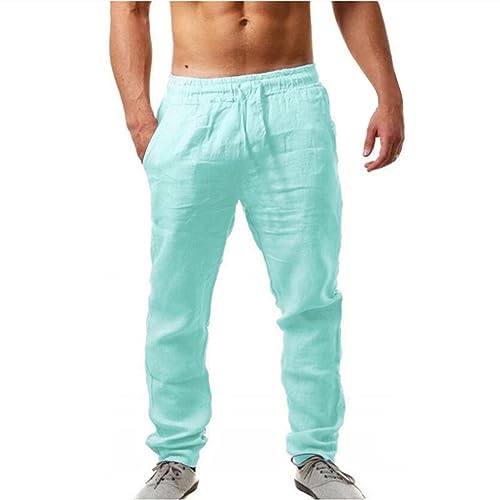 Generisch Herren Leinenhose Atmungsaktiv Leicht Komfortabel Sommerhose Freizeithose mit Kordelzug Taschen Casual Strandhosen Loungewear Elastischer Bund für Urlaub Strand Yoga Alltag von Generisch