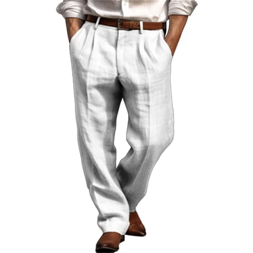 Generisch Herren Leinenhose Sommerhose Männer Lang Freizeithose Sporthose Leichte Atmungsaktiv Schnelltrocknend Trainingshose Strandhose mit Taschen von Generisch