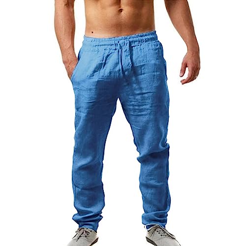 Generisch Herren Leinenhose mit Kordelzug Leicht Sommerhose Freizeithose Einfarbig Hose Lang für Männer Strandhose Urlaub Alltag Chino Hose Herren Schwarz Regular von Generisch