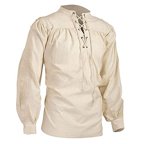 Generisch Herren Mittelalter Hemd Langarm Leinenhemd Viking Kostüm Baumwolle Leinen Vintage Schnürhemd Freizeithemd Renaissance Viktorian Steampunk Piraten Hemd Halloween Gothic Mittelalter Kleidung von Generisch