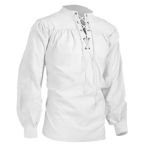 Generisch Herren Mittelalter Hemd Langarm Leinenhemd Viking Kostüm Baumwolle Leinen Vintage Schnürhemd Freizeithemd Renaissance Viktorian Steampunk Piraten Hemd Halloween Gothic Mittelalter Kleidung von Generisch