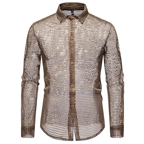 Generisch Herren Netzhemd Sexy Mesh Atmungsaktiv Spitzenhemd Durchsichtig Nachtclub Transparent Disco Party Langarmhemd Metallic Pailletten Glitzer Freizeithemd Cosplay Kostüm von Generisch