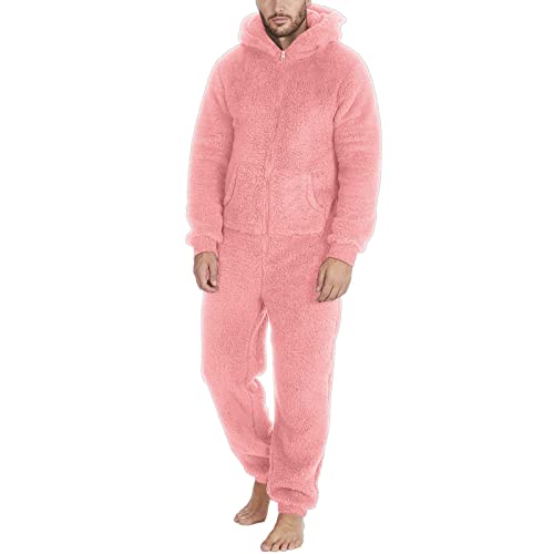 Generisch Herren Overall Jumpsuit One Piece Anzug Teddy Fleece Onesie Herren Flauschig Einteiler Schlafanzug Männer und Teenager Jungen Reißverschluss Winter Warm Schlafoveralls(Rosa, 4XL) von Generisch