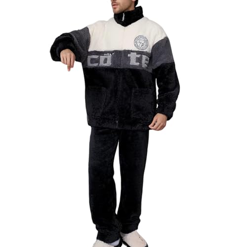 Generisch Herren Pyjamas Winter Warm Flanell Schlafanzug Langarm Bequem Freizeitanzug Hausanzug Loungewear Korallenfleece Homewear (Black, XXL) von Generisch