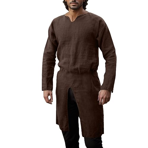 Generisch Herren Robe Mittelalter Hemd Wikinger Tunika Langarmbluse Krieger Dunkler Umhang Kleidung Untertunika Atmungsaktiv Traditionelle Herrenkostüm Vintage Cosplay von Generisch