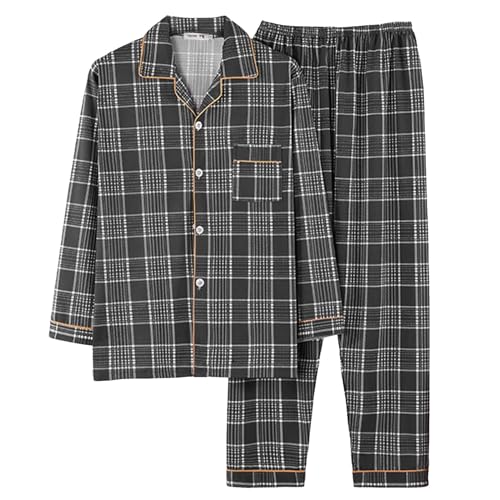 Generisch Herren Schlafanzug Lang, Herren Schlafanzug Lang Schlafanzüge Karierte Pyjama Baumwolle Hausanzug Langarm Schlafen Und Loungewear Set Herrenschlafanzug Pijamas, Black, 5XL von Generisch