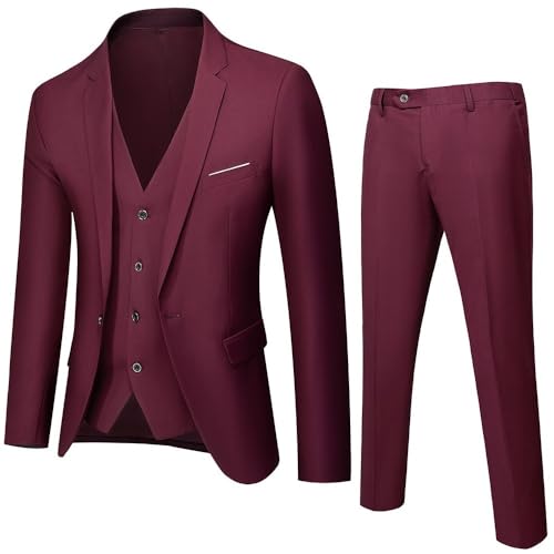 Generisch Herren Slim Fit 3 Teilig Anzüge Herrenanzug Sakko für Hochzeit Business 01-Weinrot XL von Generisch
