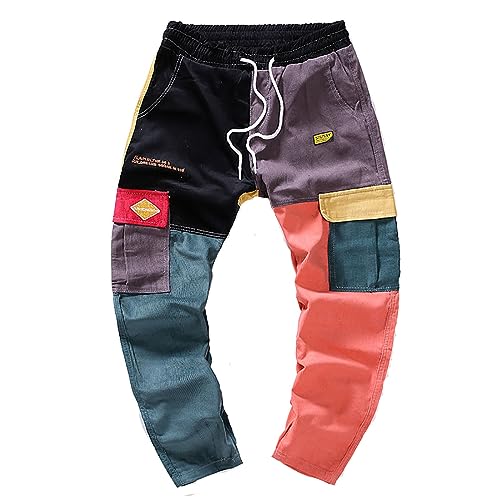 Generisch Herren Sporthose Herren Cord Trend Patchwork Kontrast Lose bestickte Jeans Lässige Small Foot Cargohose Sporthose Lockere Cordhose (Pink, XXL) von Generisch