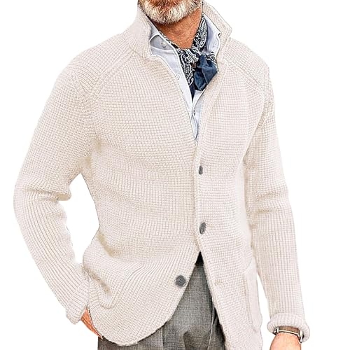 Generisch Herren Stehkragen Cardigan Anzug Casual Button Strickjacke Mantel Business Lightweight Slim Fit Blazer Jacken (L,Weiß) von Generisch