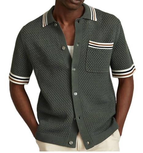 Generisch Herren Strick Polo Tops Kurzarm Button Up Hollow Sommer Strand Casual Strickshirt von Generisch
