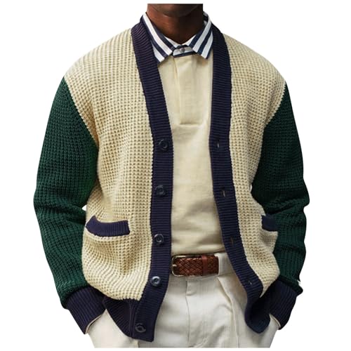 Generisch Herren Strickjacke, Langarm Cardigan Warm Trachtenjacke Mode Schlichter Pullover Knöpfe Sweatjacke Norweger Strickjacke Weste Elegant Sportlich Kapuze Baumwolle Cardigan (3XL, Gelb) von Generisch