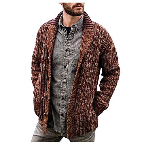 Generisch Herren Strickjacke Wolle, Mit Schalkragen Männer Button Down Zopfmuster Sweatjacke Winter Warmer Strickpullover Langarm Cardigan Sweater Alpaka Pullover Weihnachts Jacket (5XL, Brown) von Generisch