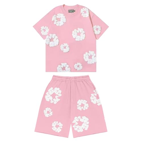 Generisch Herren T-Shirt Und Shorts Set Zweiteiler Sommer Outfit Streatwear Trainingsanzüge Jogginganzug Männer Baggy Y2k Blumen Tracksuit Sportanzug 2 Teiler Kurzarm Set von Generisch