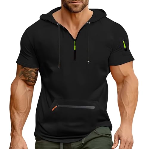 Generisch Herren T-Shirt mit Kapuze 1/4 Reißverschluss Kurzarm Hoodie Ärmelloser Ärmellose T-Shirts Gym Tank Top Jacke Motorrad Mit Protektoren Pullover Herrenhemden Pulli Kapuzenweste von Generisch
