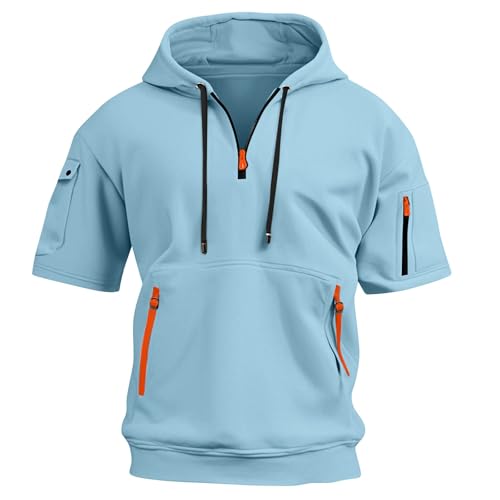 Generisch Herren T-Shirt mit Kapuze 1/4 Reißverschluss Kurzarm Hoodie Schwarzer Top Tank Pullover Mit Muscle Tshirt Hemd Oversize Kapuzenpulli Sweatweste Sweat Jacke von Generisch