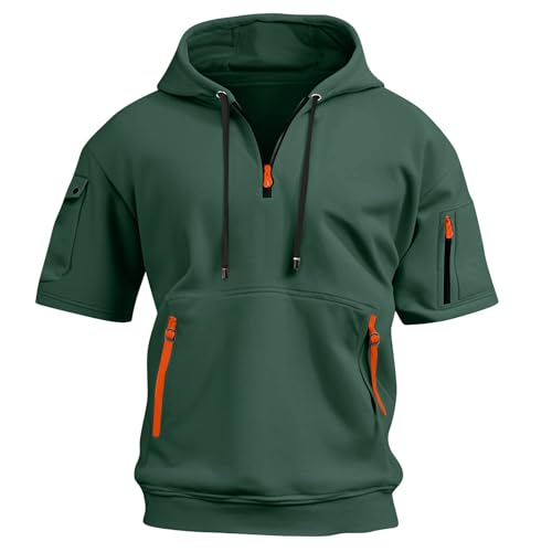 Generisch Herren T-Shirt mit Kapuze 1/4 Reißverschluss Kurzarm Hoodie Tshirt Leinen Sweatweste Kapuzenshirt Sweatjacke Arbeits Jungen 176 Oberteile Dünne Weiß Basic Pullover von Generisch