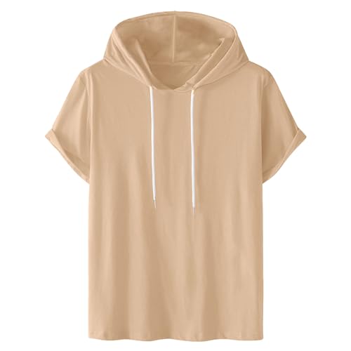 Generisch Herren T-Shirt mit Kapuze Sommer Tshirt Kurzarm Hoodie Gym Kapuzenpullover Sport Oberteile Fitness Oversize Hoody Männer Shirts Baumwolle Kapuzenshirt Warehouse Deals Angebote Khaki XL von Generisch