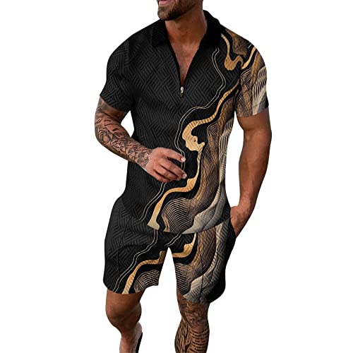 Generisch Herren Trainingsanzug Set Sommer Sportanzug 2 Teiliges Outfit Sport Set Kurzarm T-Shirt + Kurze Hose Sets Freizeitanzug Business Polo Hemd Oberteile Herren Sommer Set Herren von Generisch