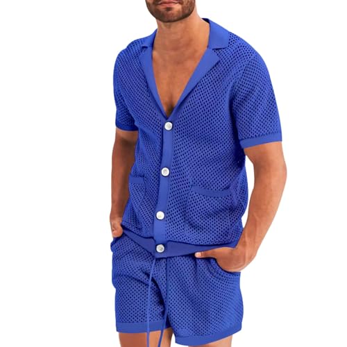 Generisch Herren Transparent Schlafanzug Set Mesh Pyjama Kurz Sexy Nachtwäsche Button Down Kurzarm Hemd Oberteil Boxershorts 2 Teilig Sommer Sleepwear Einfarbig Freizeitanzug Strand Outfit von Generisch