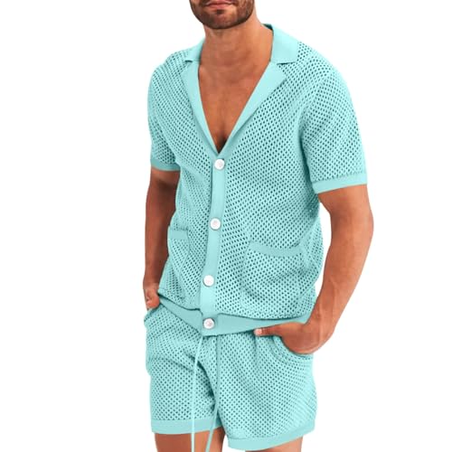 Generisch Herren Transparent Schlafanzug Set Mesh Pyjama Kurz Sexy Nachtwäsche Button Down Kurzarm Hemd Oberteil Boxershorts 2 Teilig Sommer Sleepwear Einfarbig Freizeitanzug Strand Outfit von Generisch