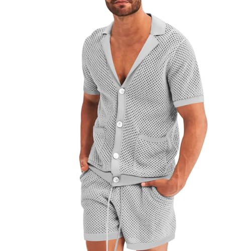 Generisch Herren Transparent Schlafanzug Set Mesh Pyjama Kurz Sexy Nachtwäsche Button Down Kurzarm Hemd Oberteil Boxershorts 2 Teilig Sommer Sleepwear Einfarbig Freizeitanzug Strand Outfit von Generisch
