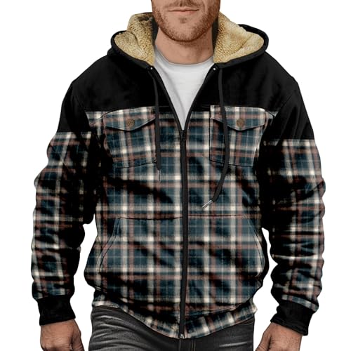 Generisch Herren Übergangsjacke Kariert, Hemdjacke Mit Kapuze Jacken Männer Gefüttert Schwarz Weiß Karierte Jacke Für M Holzfäller Winter Fell Karrierte Men Flanellhemd (4XL, Dunkelblau) von Generisch
